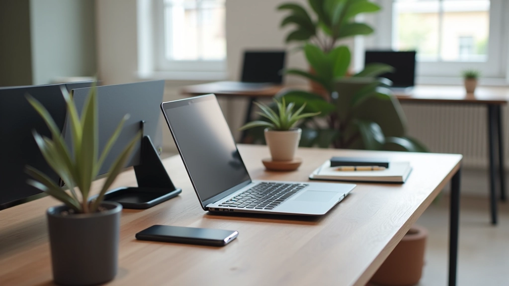 Minimalistický pracovní stůl s digitálním plánovacím nástrojem